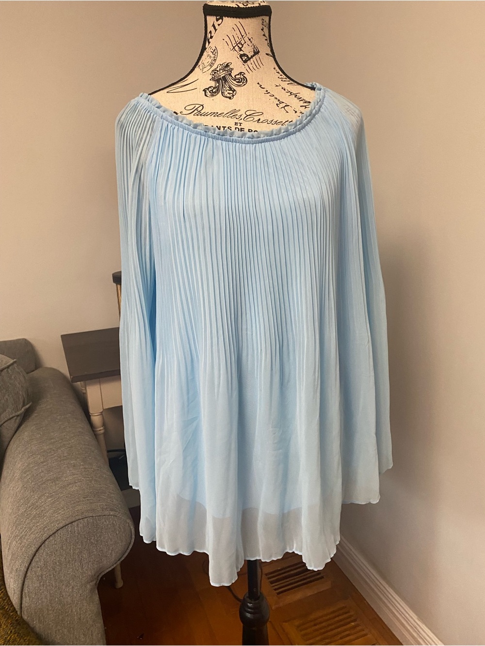 Women’s Size Large Light Blue Pleated Flowy Sheer Long Sleeved Blouse
